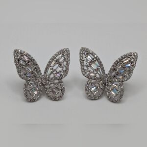 🔻PRICE DROP🔻White Cubic Zirconia Silver Tone Butterfly Clip Earrings, NWT.